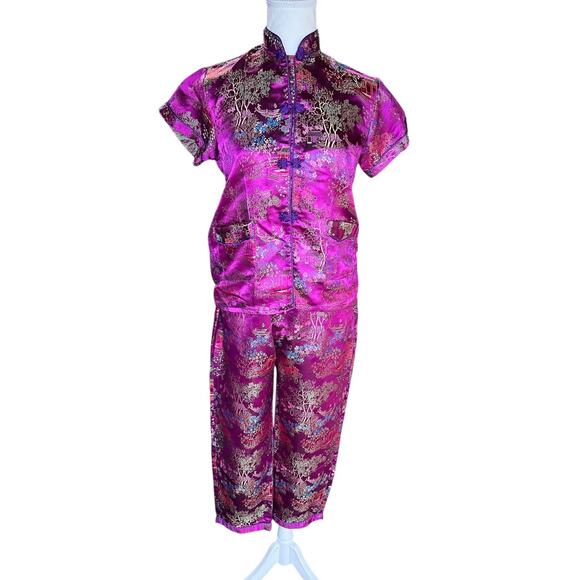 Double Peach Women's SMALL Vintage Chinese Satin Brocade PINK Pajama Set